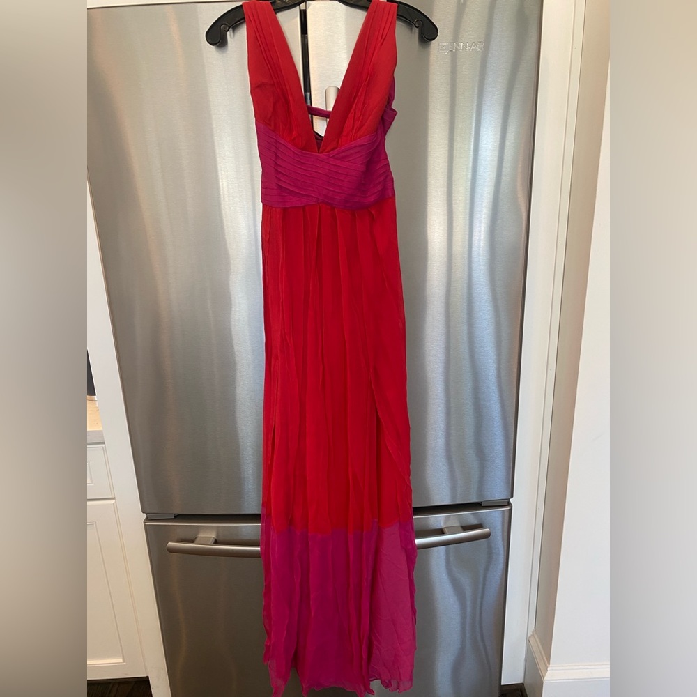 Pink and red flowy BCBG dress with tie back, size 6